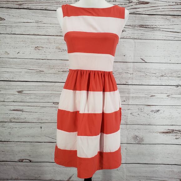 B.Darlin Women's Orange Striped Fit and Flare Sleeveless Dress Size XS - Picture 1 of 11